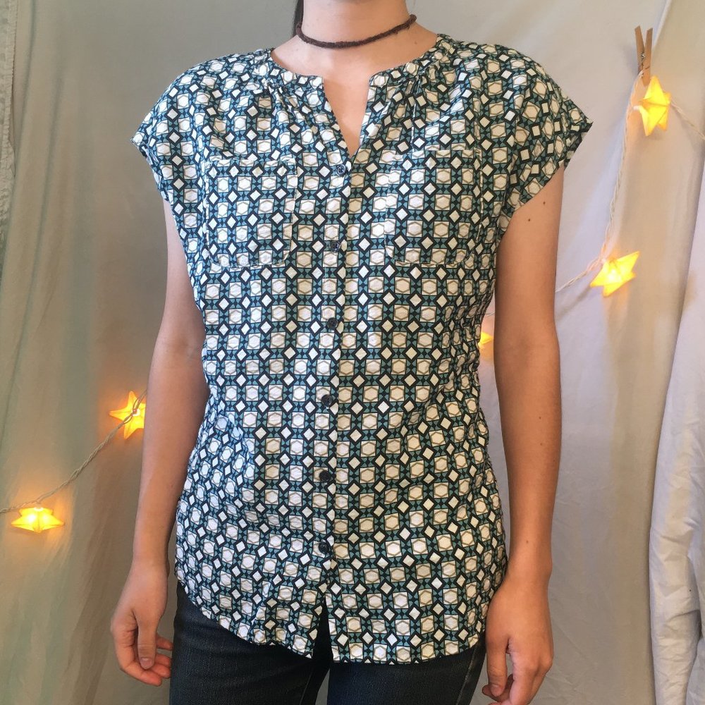Van Heusen Blue Geometric Button Up Blouse